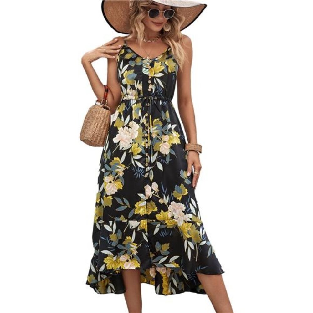 Women's Summer Casual Boho Sundress Spaghetti Strap Flowy Midi Dress